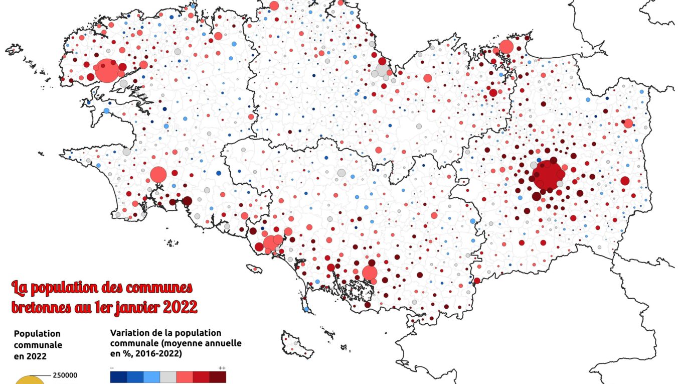 Carte des effectifs des communes en 2022 (cercles proportionnels) et des évolutions depuis 2016 (couleur).